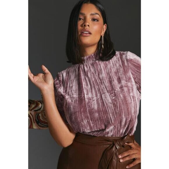 PILCRO Anthropologie Velveteen Mock Neck Top Sz Small Pink - Picture 2 of 8